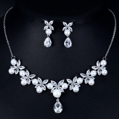 Louise - Silver Cubic Zirconia and Pearl 3-Piece Bridal Jewelry Set With Tiara