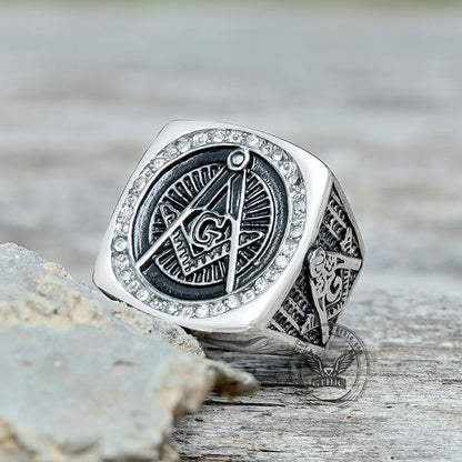 Diamond Masonic Symbol Stainless Steel Ring