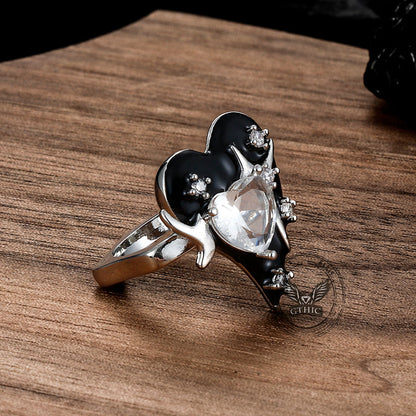 Double Heart Zircon Stainless Steel Open Ring