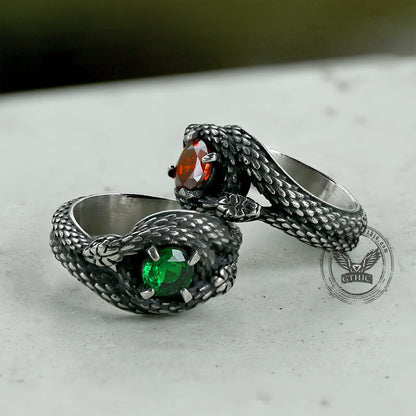 Double Snake Entwined Cz Stone Stainless Steel Ring