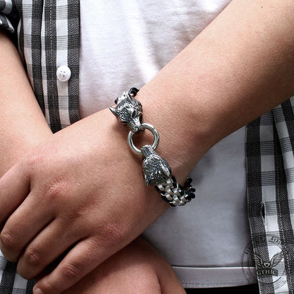 Double Wolf Head Buckle Stainless Steel Braided Bracelet
