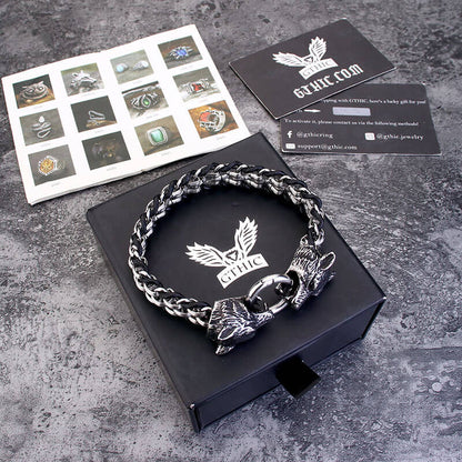 Double Wolf Head Buckle Stainless Steel Braided Bracelet