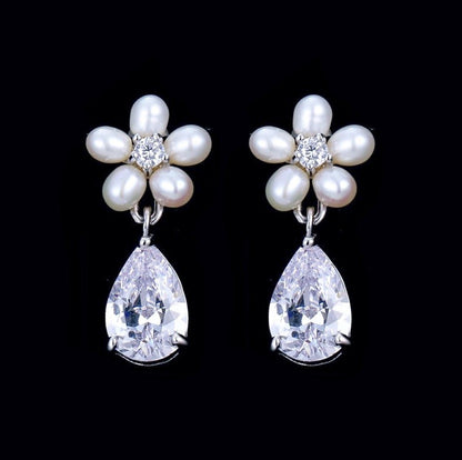 "Beverly" - Pearl and Cubic Zirconia Bridal Necklace and Earrings Set