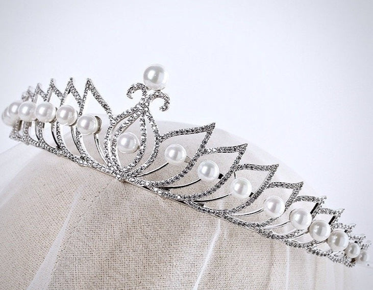 Tracy - Wedding Pearl and Cubic Zirconia Tiara - Available in Silver and Rose Gold