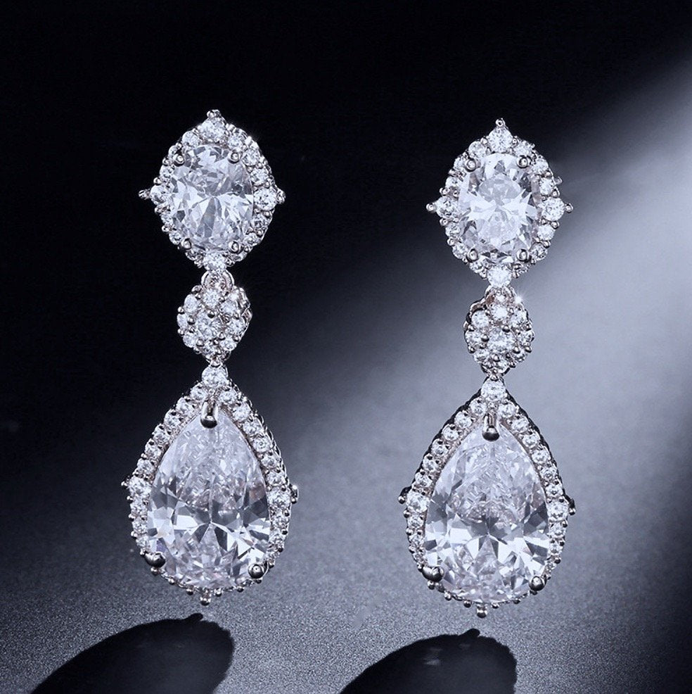 Leigh - Cubic Zirconia Bridal Earrings - Available in Silver and Gold