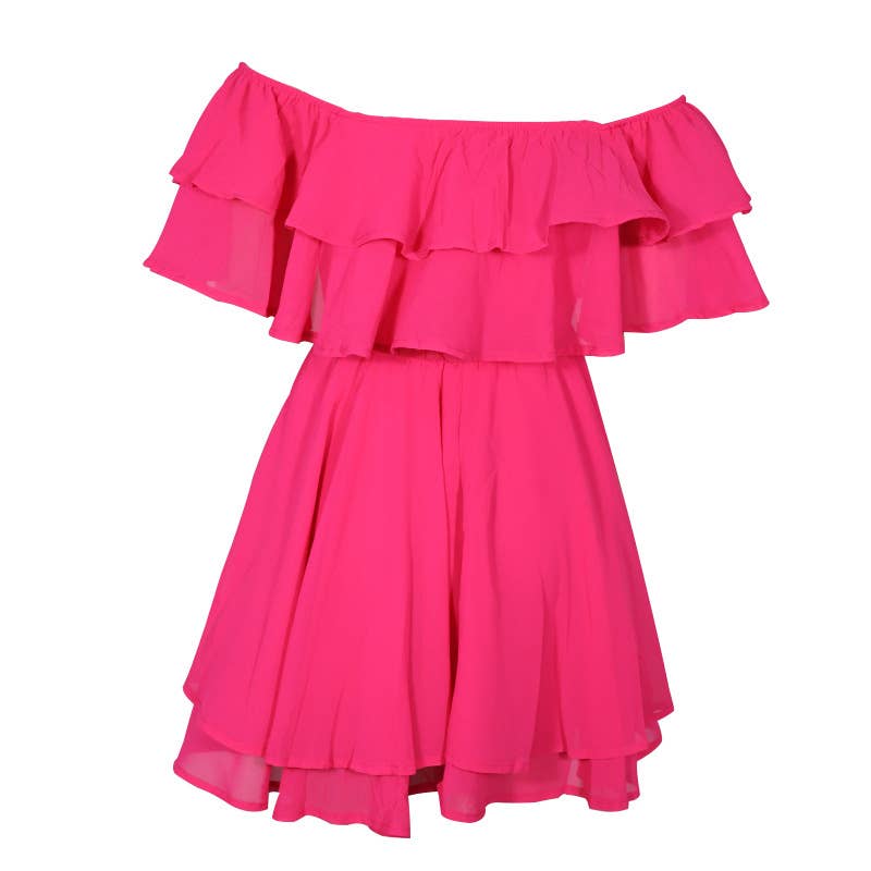 Chiffon Off The Shoulder Ruffle Layered Shirred Nimi Dress