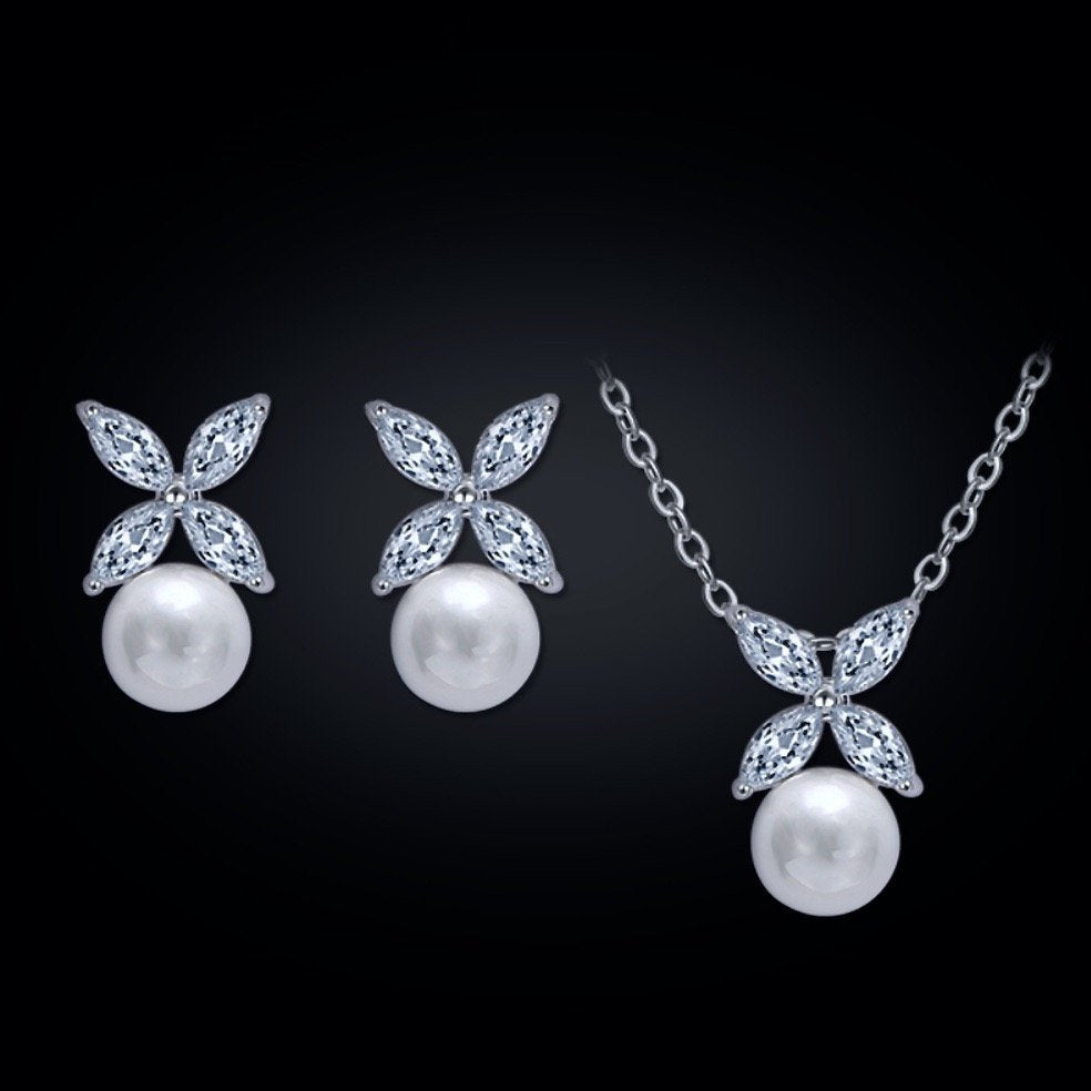 Heidi - Pearl and Cubic Zirconia Jewelry Set - Available in Rose Gold and Silver