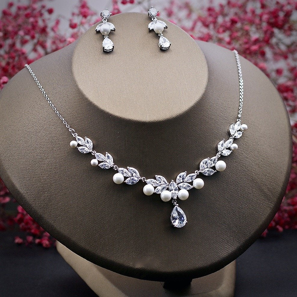 Irene - Silver Cubic Zirconia and Pearl Bridal Jewelry Set