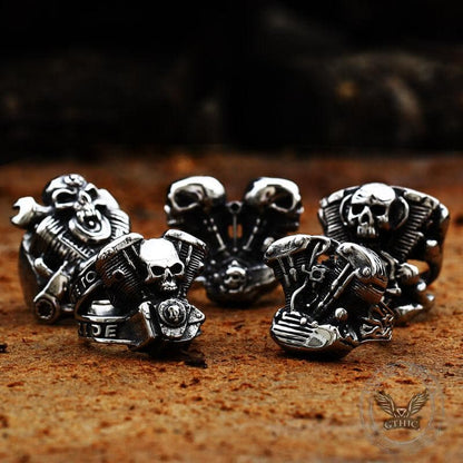 Engine Wrench Stainless Steel Skull Ring