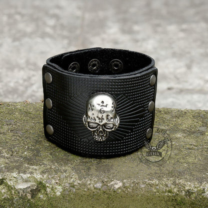 Exaggerated Skull Wide Leather Wristband Bracelet