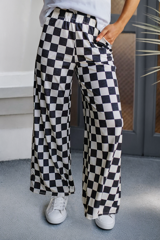 Checker Print Wide Leg Pants