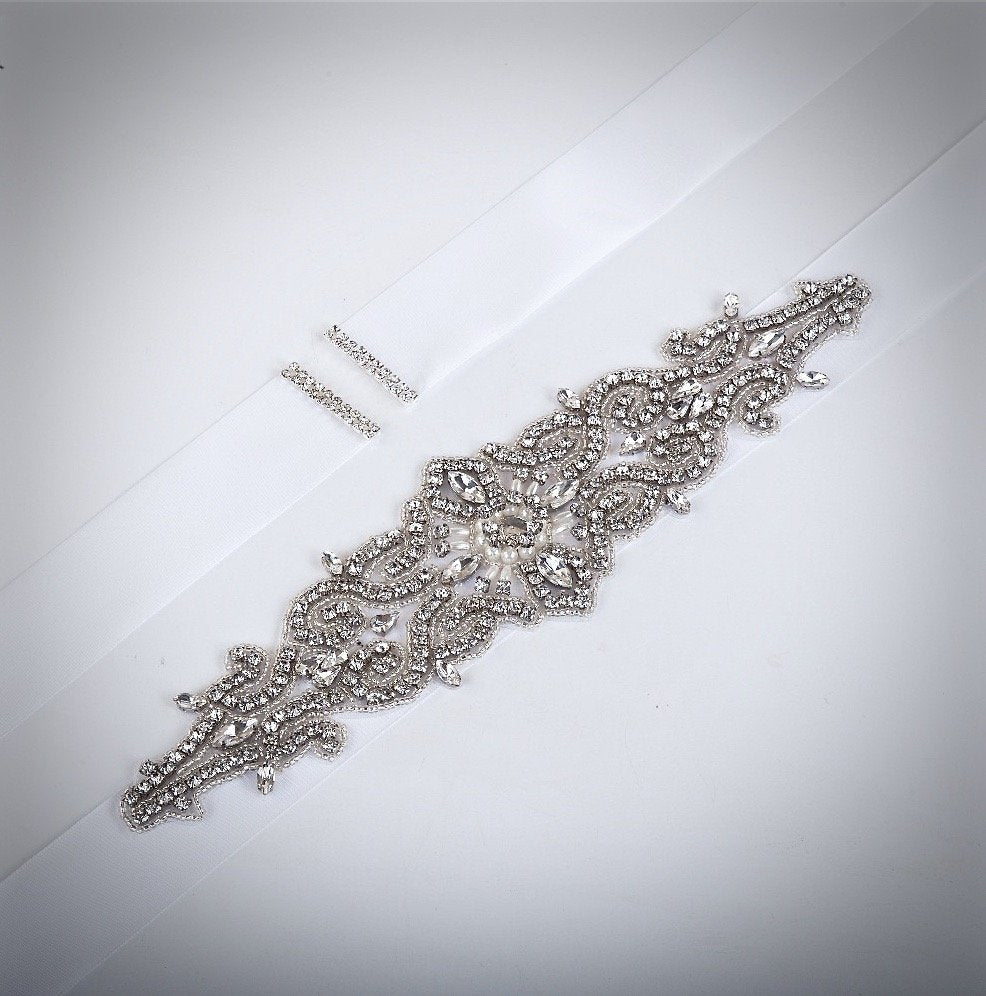Linda - Wedding Silver Crystal and Pearls Belt/Sash