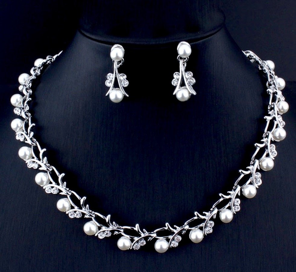 Veronica - Silver Crystal and Pearl 3-Piece Bridal Jewelry Set With Half Tiara