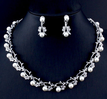 Veronica - Silver Crystal and Pearl 3-Piece Bridal Jewelry Set With Half Tiara