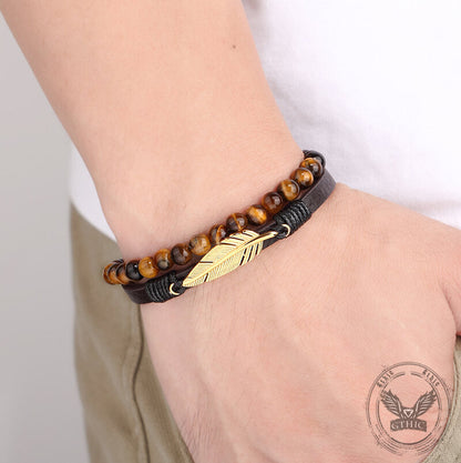 Feather Tiger’s Eye Leather Beaded Bracelet
