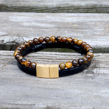 Feather Tiger’s Eye Leather Beaded Bracelet