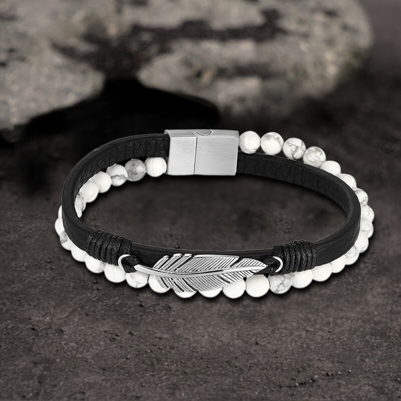 Feather Tiger’s Eye Leather Beaded Bracelet