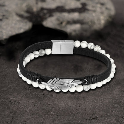 Feather Tiger’s Eye Leather Beaded Bracelet
