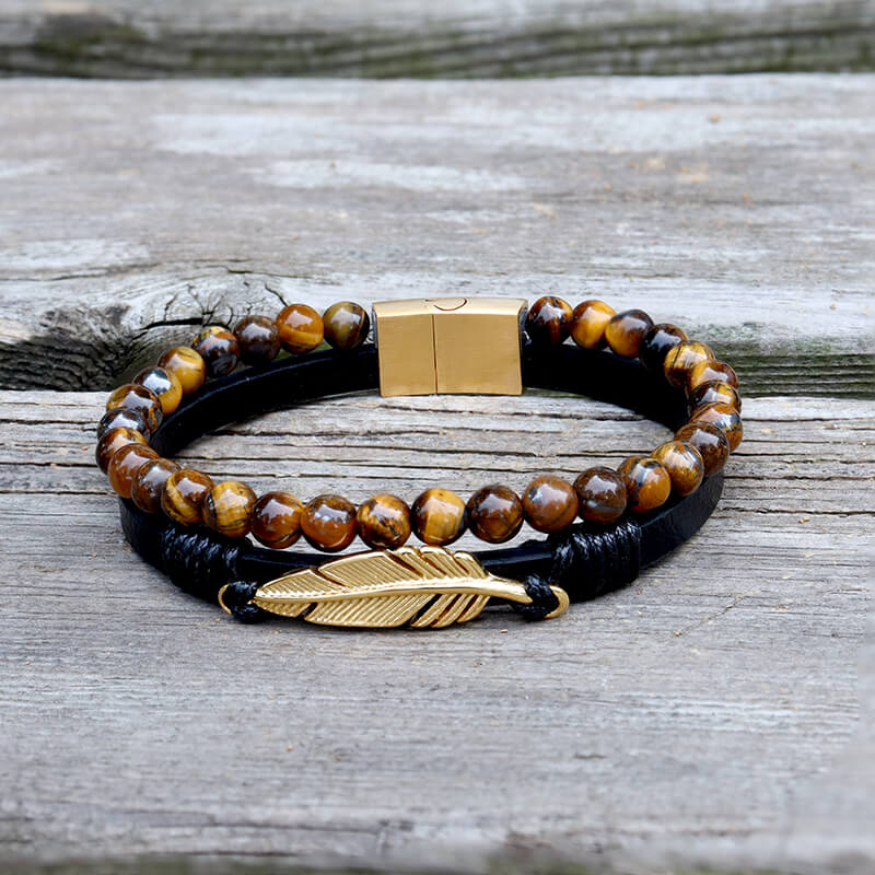 Feather Tiger’s Eye Leather Beaded Bracelet