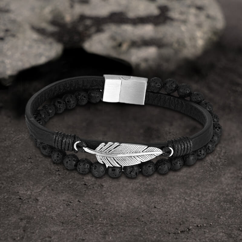 Feather Tiger’s Eye Leather Beaded Bracelet