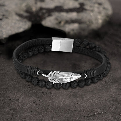 Feather Tiger’s Eye Leather Beaded Bracelet