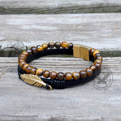 Feather Tiger’s Eye Leather Beaded Bracelet