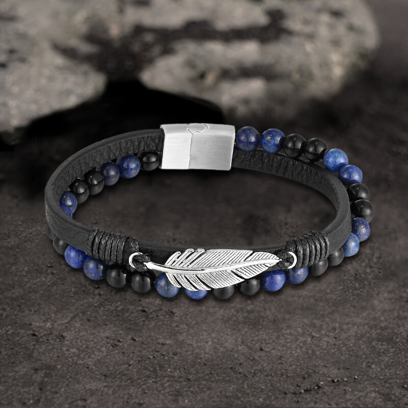 Feather Tiger’s Eye Leather Beaded Bracelet