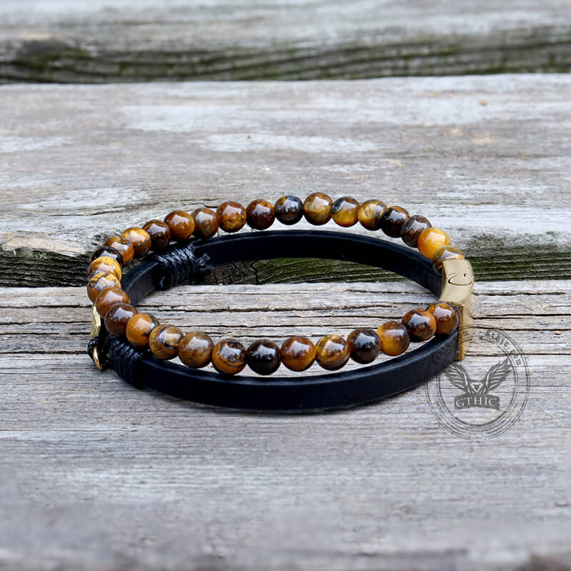 Feather Tiger’s Eye Leather Beaded Bracelet