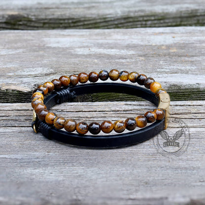 Feather Tiger’s Eye Leather Beaded Bracelet
