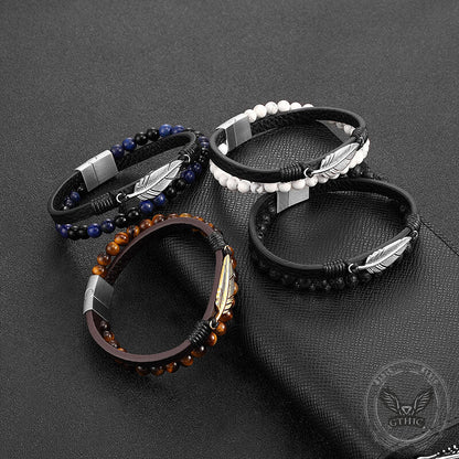Feather Tiger’s Eye Leather Beaded Bracelet