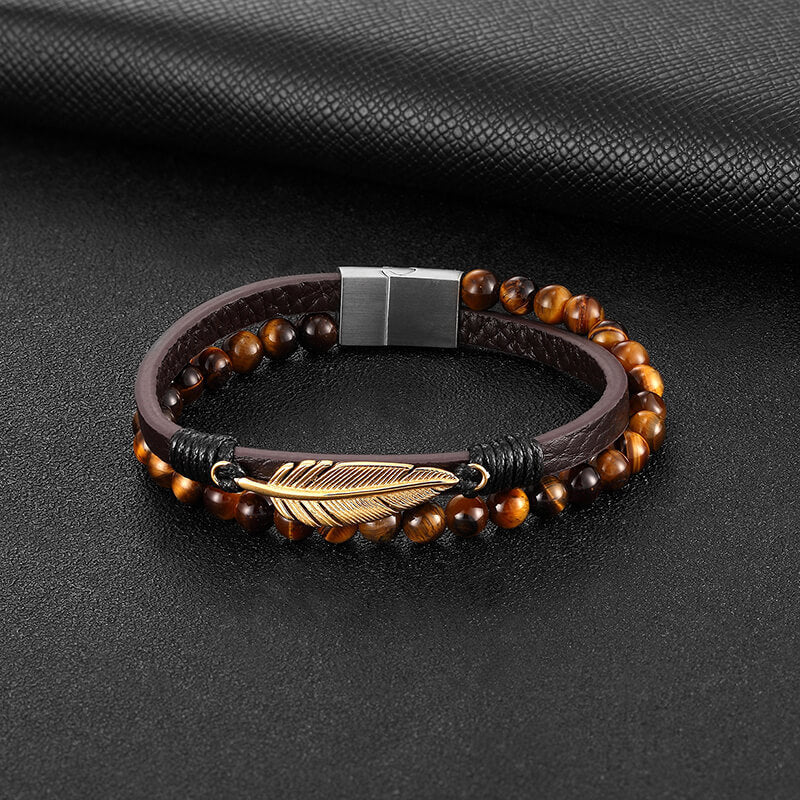 Feather Tiger’s Eye Leather Beaded Bracelet