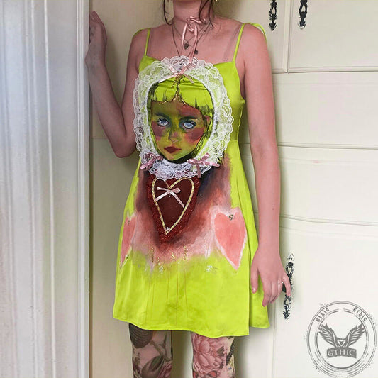 Female Portrait Lace Print Suspender Dress