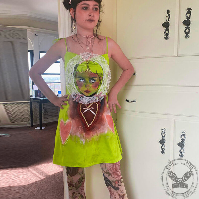 Female Portrait Lace Print Suspender Dress