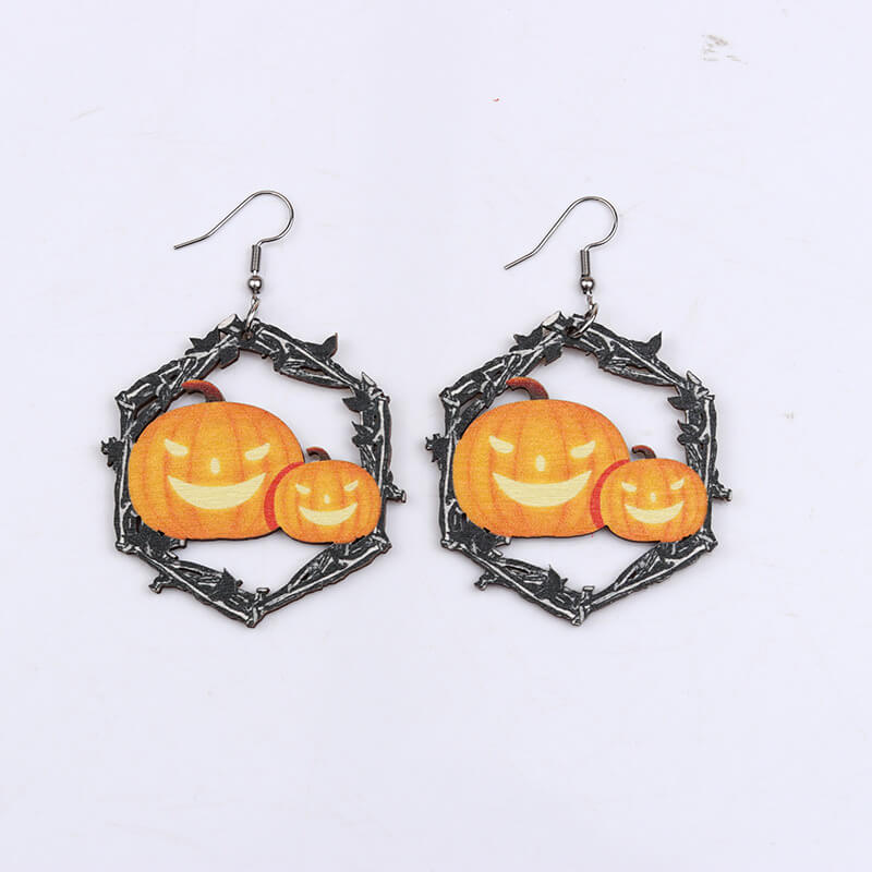Flame Pumpkin Wood Halloween Earrings