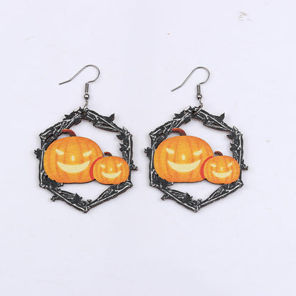 Flame Pumpkin Wood Halloween Earrings