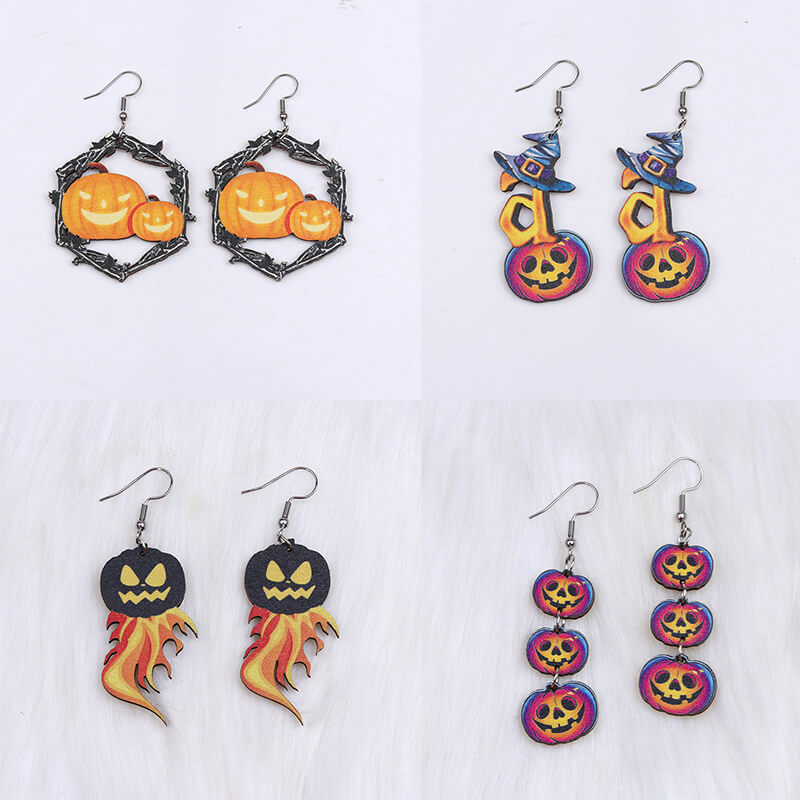 Flame Pumpkin Wood Halloween Earrings