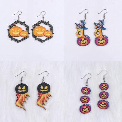 Flame Pumpkin Wood Halloween Earrings