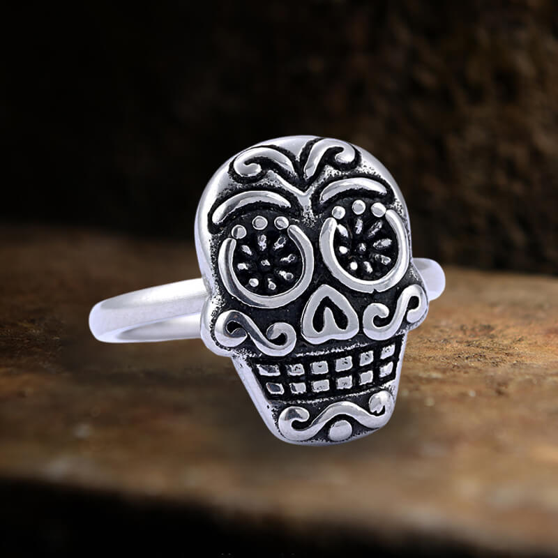 Flower Sugar Skull Stainless Steel Ring