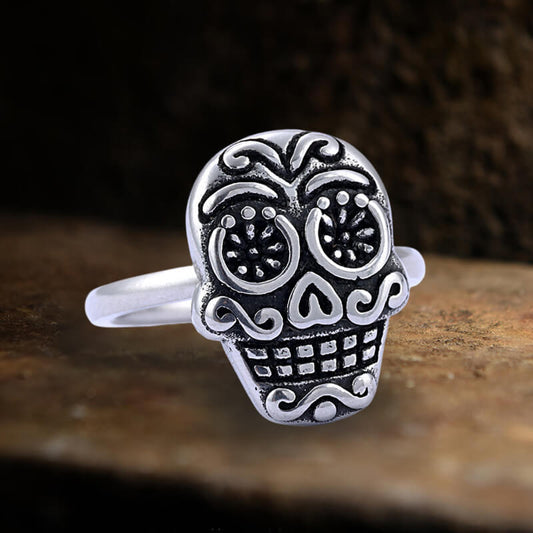Flower Sugar Skull Stainless Steel Ring