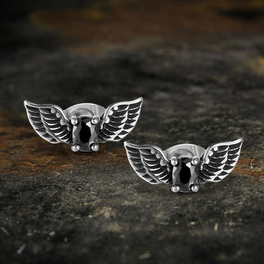 Freedom Wings Black Stone Stainless Steel Stud Earrings