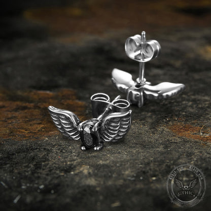Freedom Wings Black Stone Stainless Steel Stud Earrings