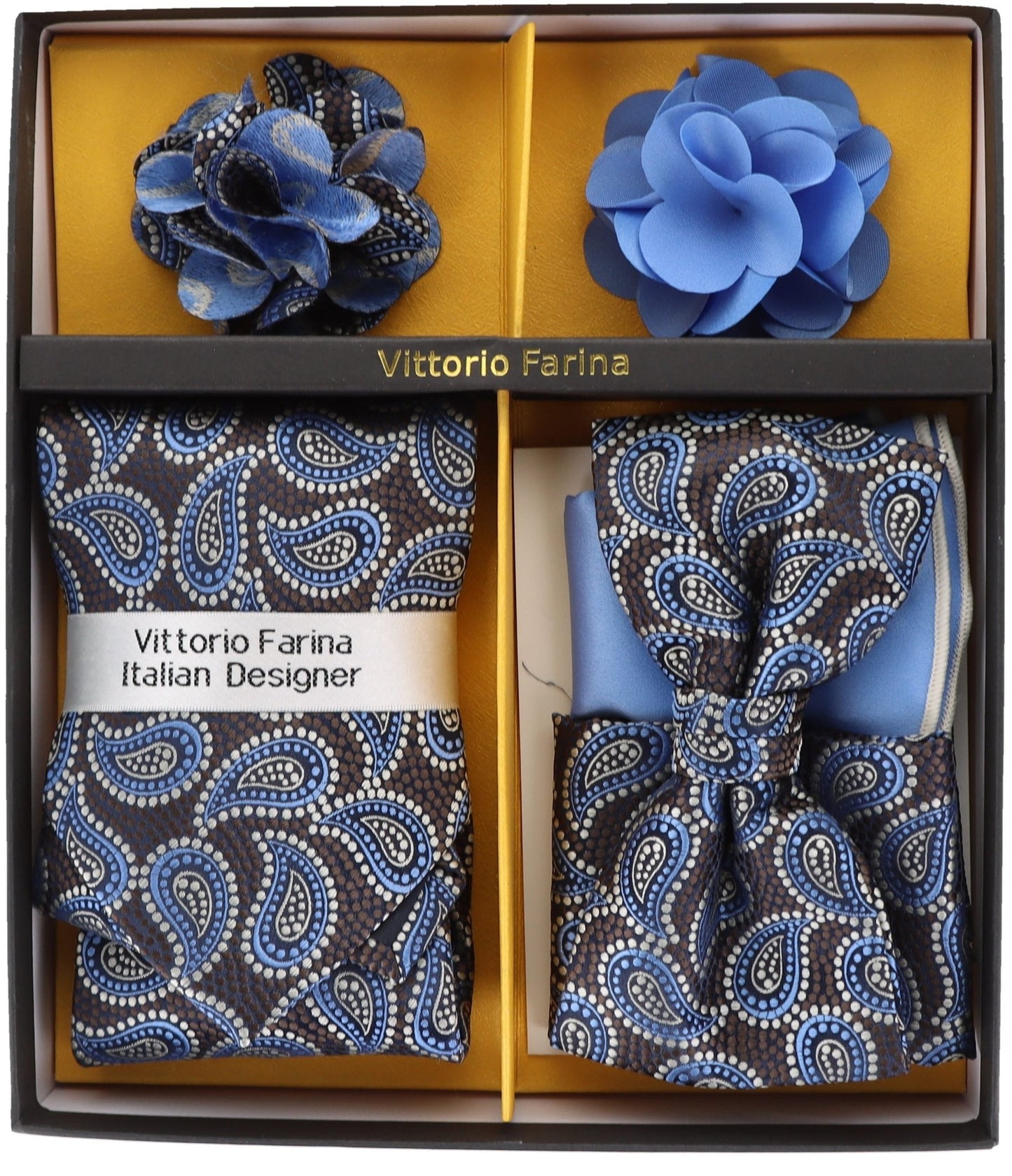 Vittorio Farina Men's Design Necktie, Bow Tie, Pocket Squares and Flower Lapel Pin in a Gift Box