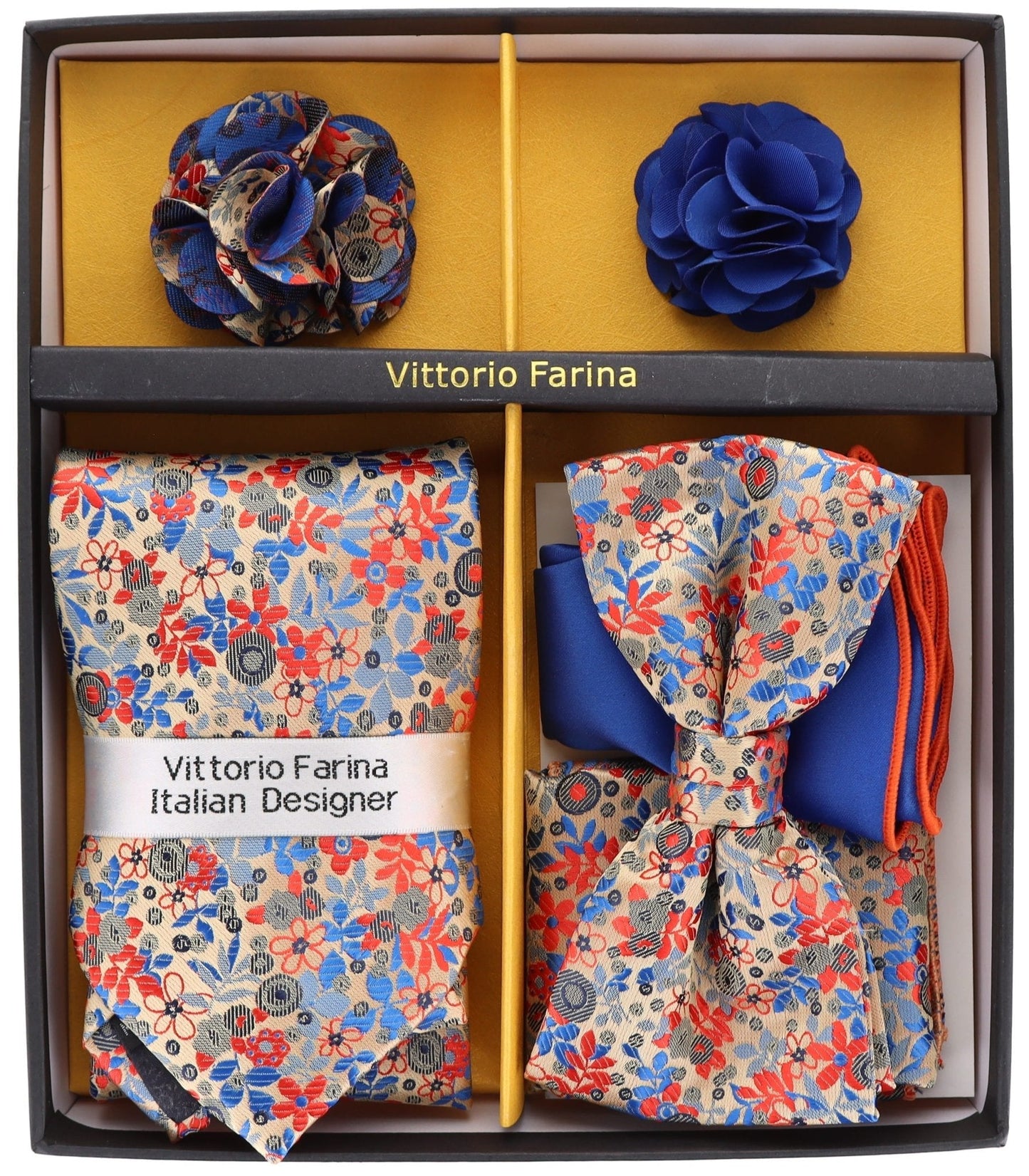 Vittorio Farina Men's Design Necktie, Bow Tie, Pocket Squares and Flower Lapel Pin in a Gift Box