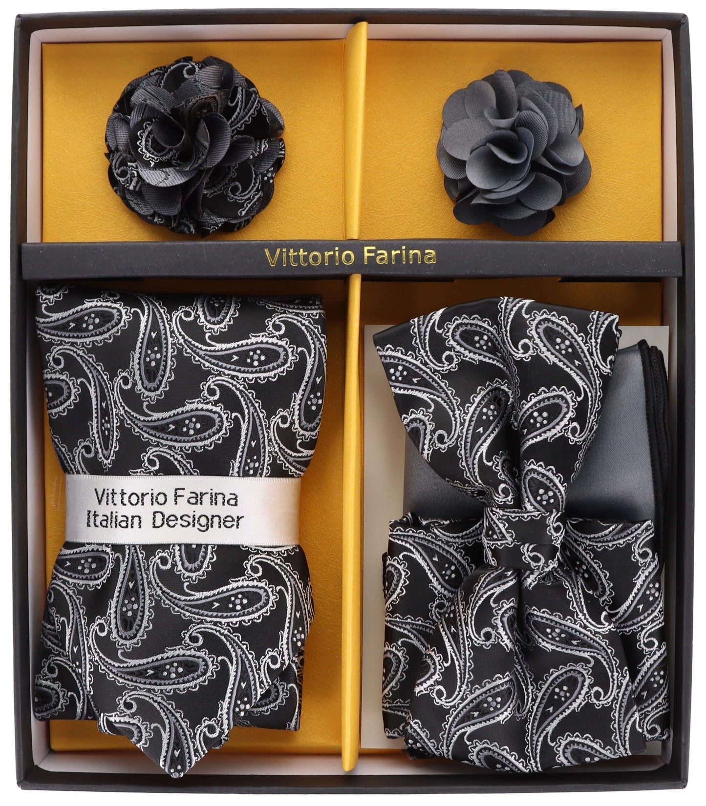 Vittorio Farina Men's Design Necktie, Bow Tie, Pocket Squares and Flower Lapel Pin in a Gift Box