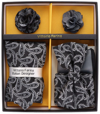 Vittorio Farina Men's Design Necktie, Bow Tie, Pocket Squares and Flower Lapel Pin in a Gift Box