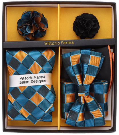 Vittorio Farina Men's Design Necktie, Bow Tie, Pocket Squares and Flower Lapel Pin in a Gift Box