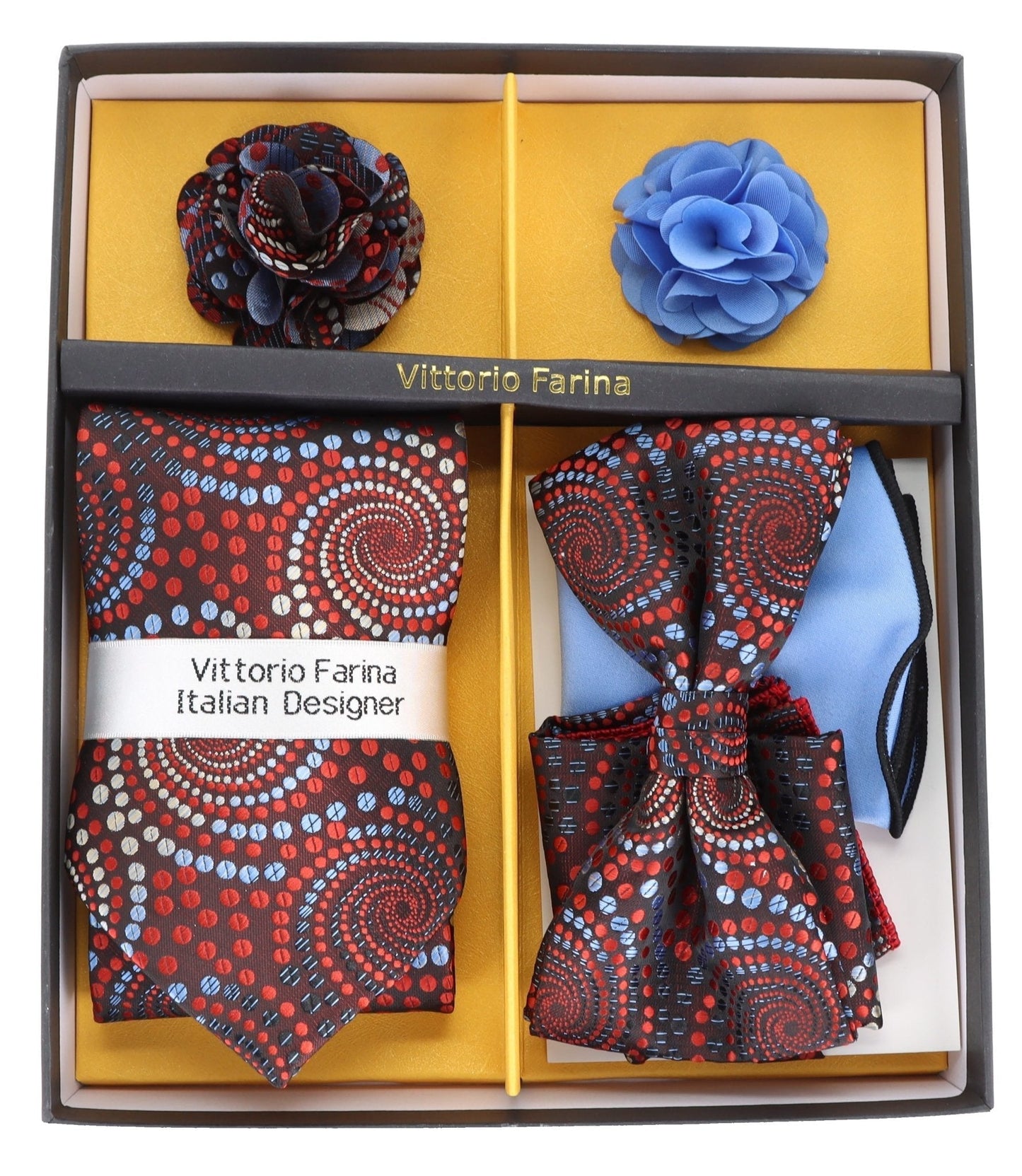 Vittorio Farina Men's Design Necktie, Bow Tie, Pocket Squares and Flower Lapel Pin in a Gift Box