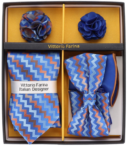Vittorio Farina Men's Design Necktie, Bow Tie, Pocket Squares and Flower Lapel Pin in a Gift Box