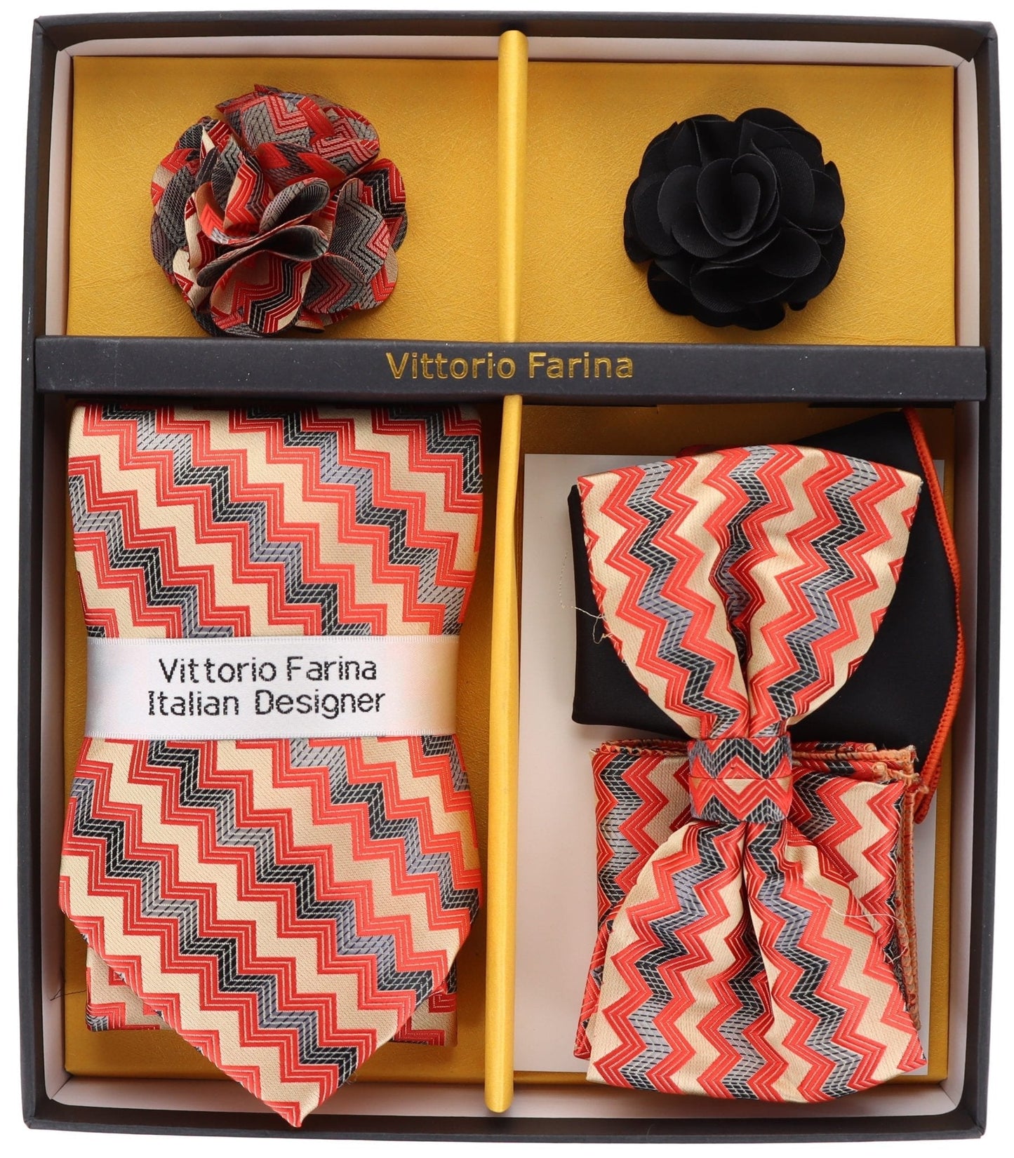 Vittorio Farina Men's Design Necktie, Bow Tie, Pocket Squares and Flower Lapel Pin in a Gift Box