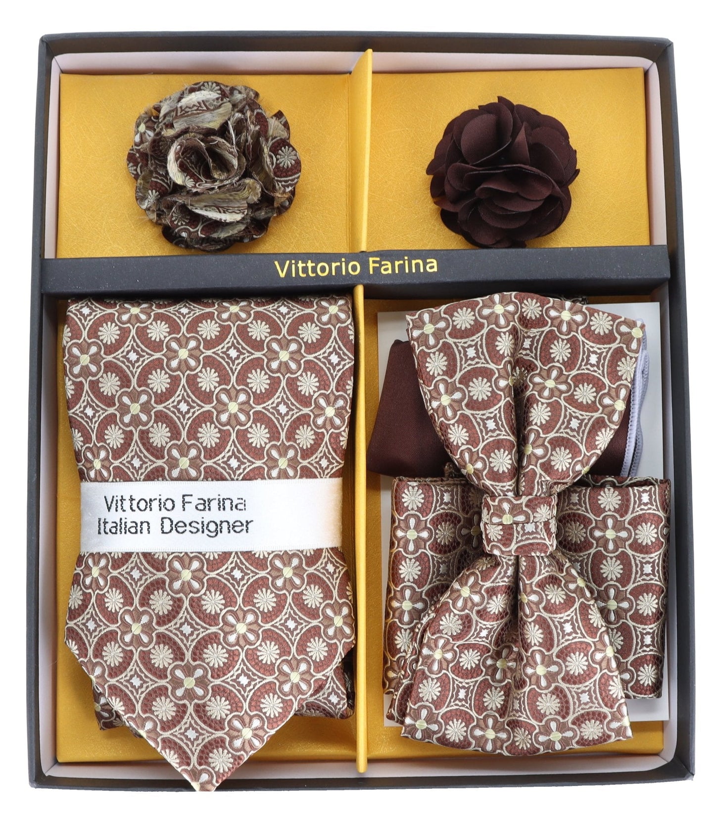 Vittorio Farina Men's Design Necktie, Bow Tie, Pocket Squares and Flower Lapel Pin in a Gift Box
